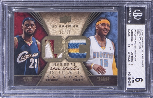 2008-09 Upper Deck Premier #RP2-AW Lebron James & Carmelo Anthony Dual Patch Card (#12/50) - BGS EX-MT 6